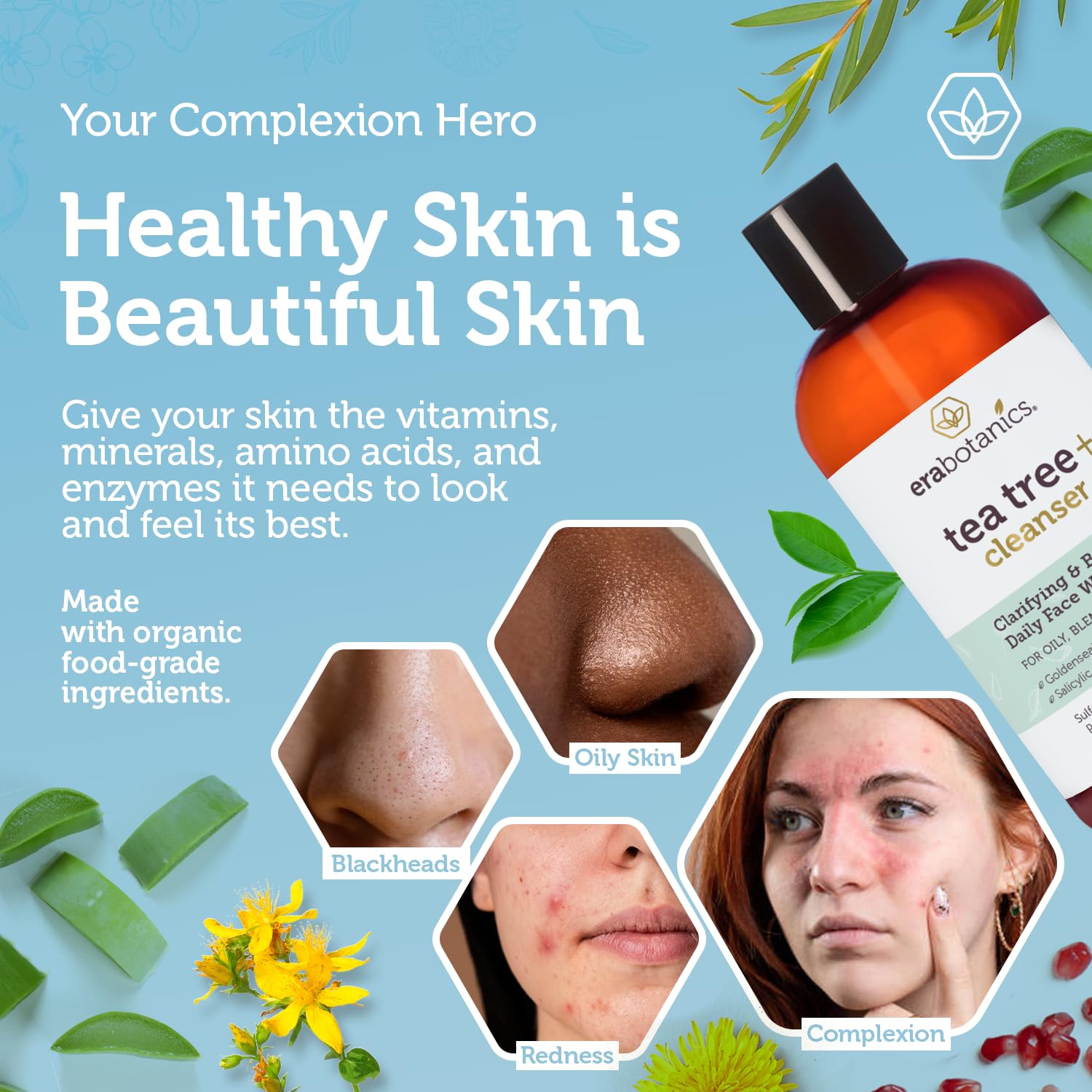 Tea Tree Oil Face Cleanser & Body Wash for Dry, Oily, Acne Prone Skin & Rosacea 8oz Natural & Organic Facial Wash to Moisturize, Nourish, Soothe Redness & Inflammation